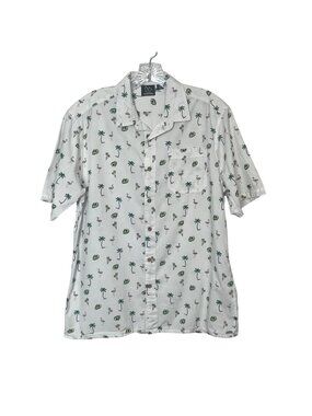 Burnside Hawaiian Shirt Button Mens Large Front White Green Palm Flamingo